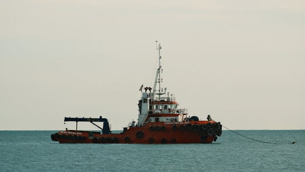 A red tugboat floats on calm ocean waters under a clear sky.